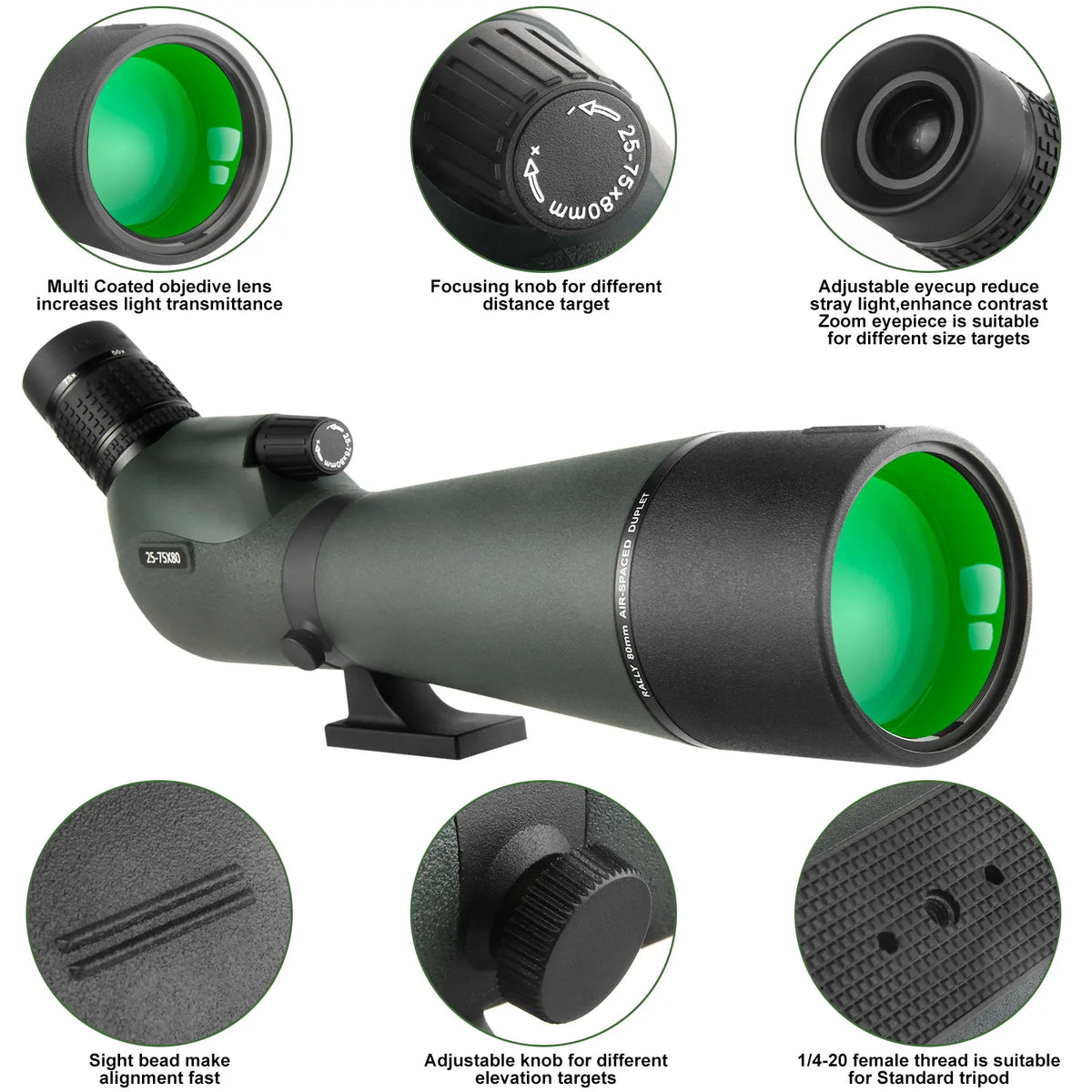 25-75x80 Spotter Scope With Tripod Phone Adapter  Waterproof Fogproof Spotting Scope For Bird Watching Target Shooting Wildlife