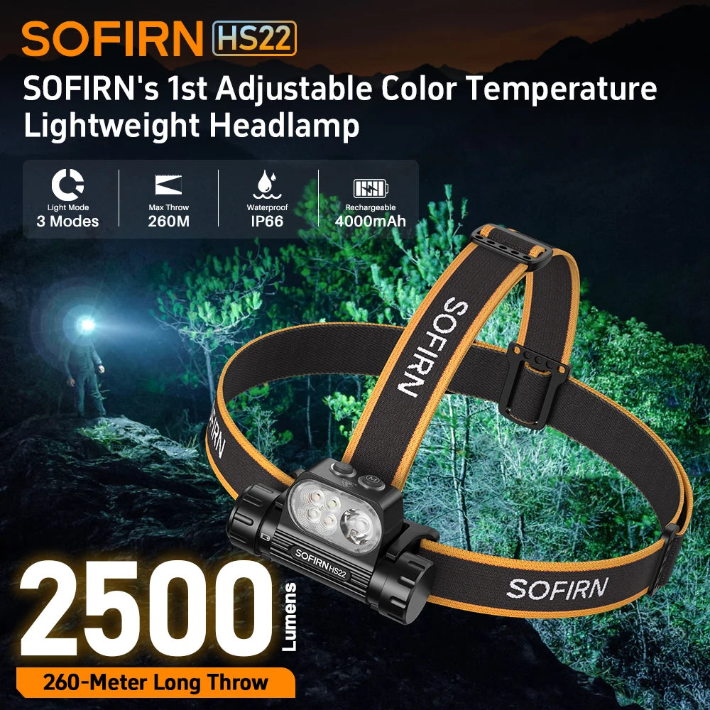 SOFIRN HS22 2500lm Headlamp Stepless Color Temperature Adjustment SFT25R LED 6000K Light With 2700K Warm Torch with Dual Switch