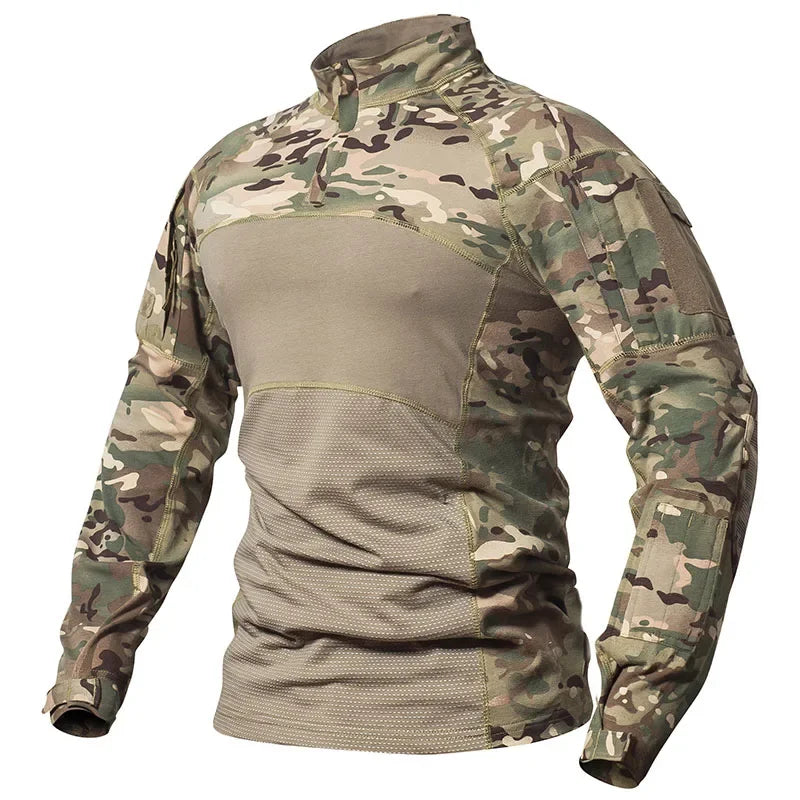 Men's Camouflage Hunting Combat T Shirt Stretch Cotton 1/4 Zipper Uniform Shirts Long Sleeve Camo Shirt