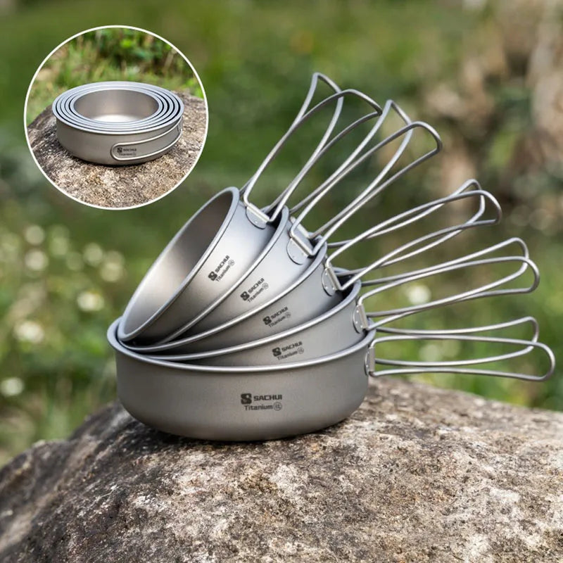 Pure Titanium Pans Bowls Dishes Set With Folding Handle Outdoor Camping Portable Plates Wok Frying Pan Tableware 5 Packed