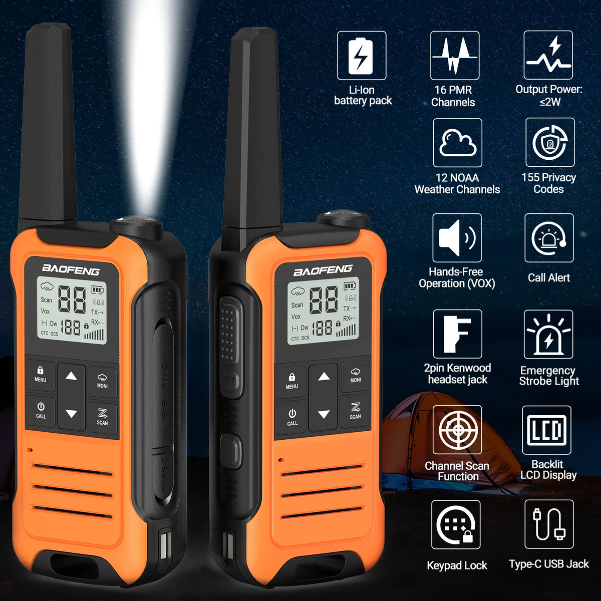 2pcs Baofeng F22/T22 Mini Walkie Talkie PMR Long Range Rechargable Portable Two Way Radio Type-C Charger VOX for Camping Trip