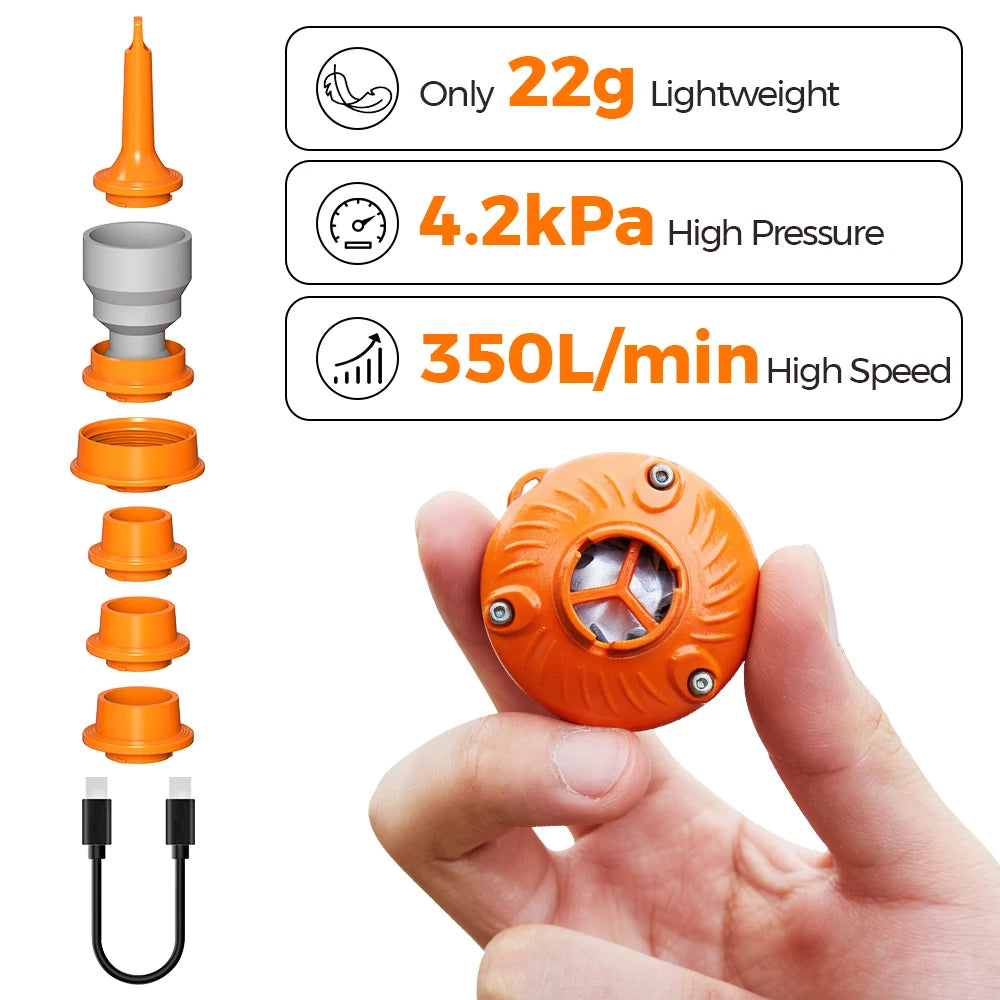 22g Mini Air Pump for Sleeping Pad & Inflatables, 4.2kPa 350L/min High Speed, USB-C Powered Air Mattress Pump for Swimming Rings