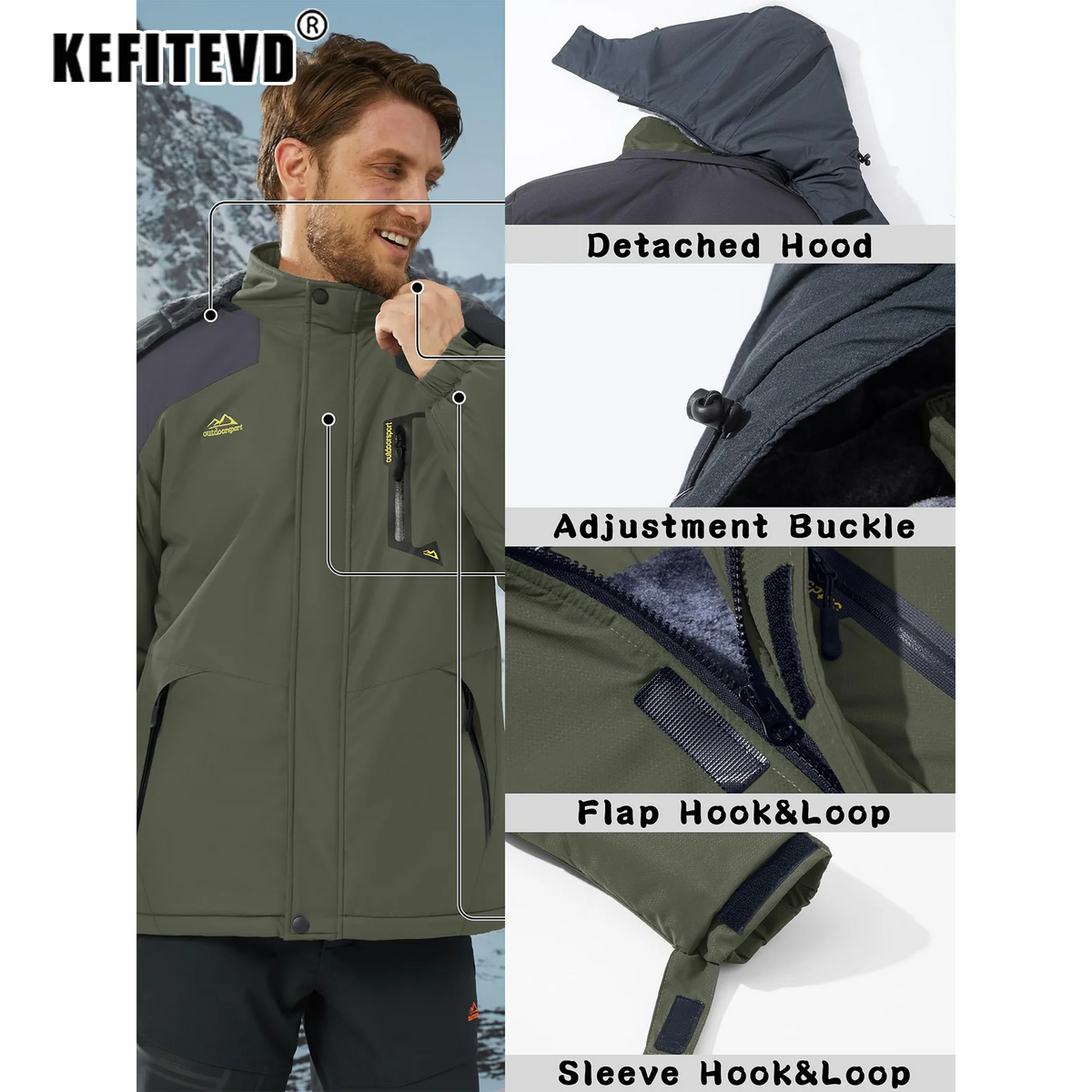 KEFITEVD Winter Ski Jacket Men's Warm Fleece Lined Jackets Water Resistant Heavyweight Coats Outdoor Hiking Camping Windbreaker