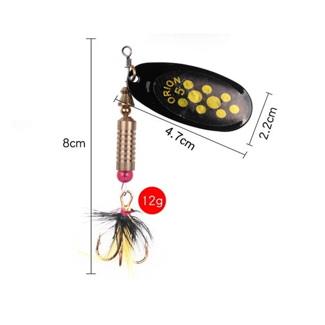 1pcs/lot Rotating Spinner Fishing Lure 3.5g/4.5g/7g/9g/12g Spoon Sequins Metal Hard Bait Wobblers Bass Pesca With Feather Hooks
