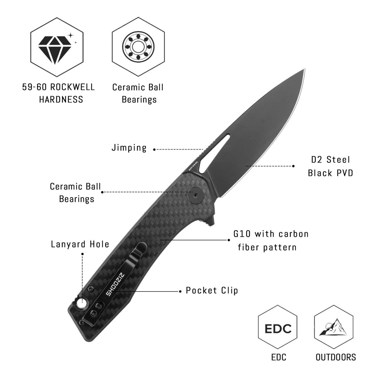 Shooziz EDC Pocket Folding Knife with Clip, 3.66"D2 Satin/PVD Blade, Ultem/G10/Micarta/ G10 Carbon Fiber for Outdoor Camping