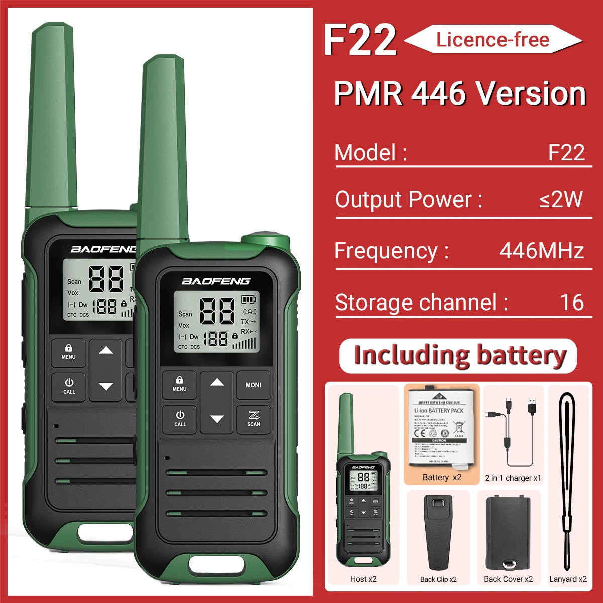 2pcs Baofeng F22/T22 Mini Walkie Talkie PMR Long Range Rechargable Portable Two Way Radio Type-C Charger VOX for Camping Trip