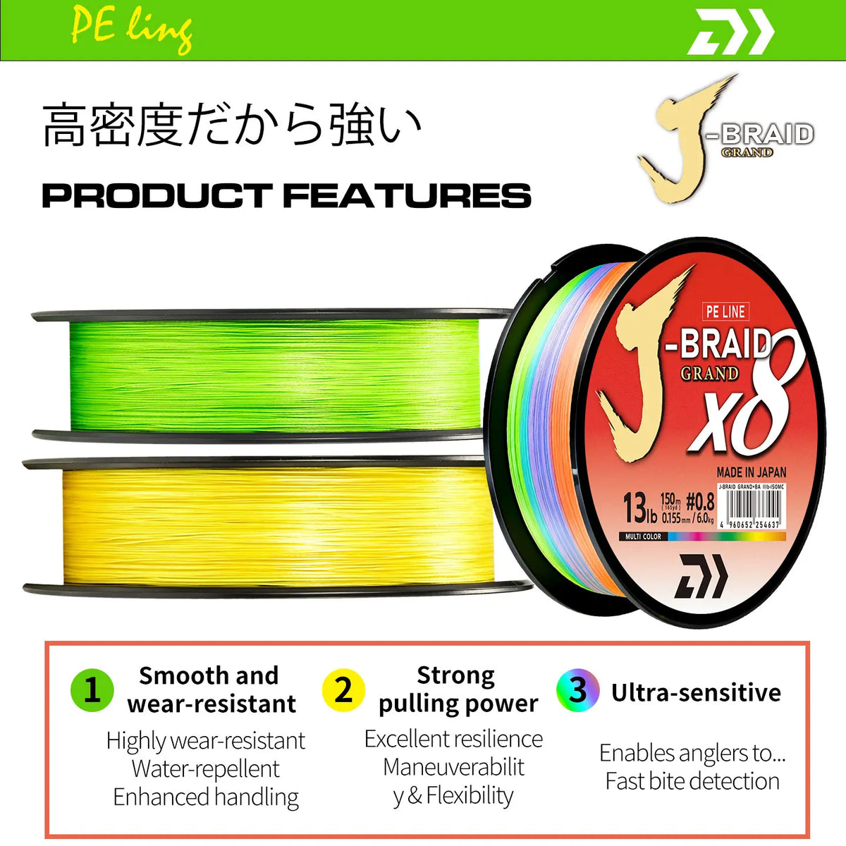 2025 New Original X8DAIWA-J Braided GRAND 8 Strands Fishing Line PE Super Line Sea Fishing Wire 150/200/300/500/1000M Pesca