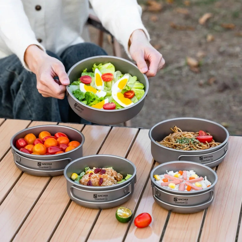 Pure Titanium Pans Bowls Dishes Set With Folding Handle Outdoor Camping Portable Plates Wok Frying Pan Tableware 5 Packed