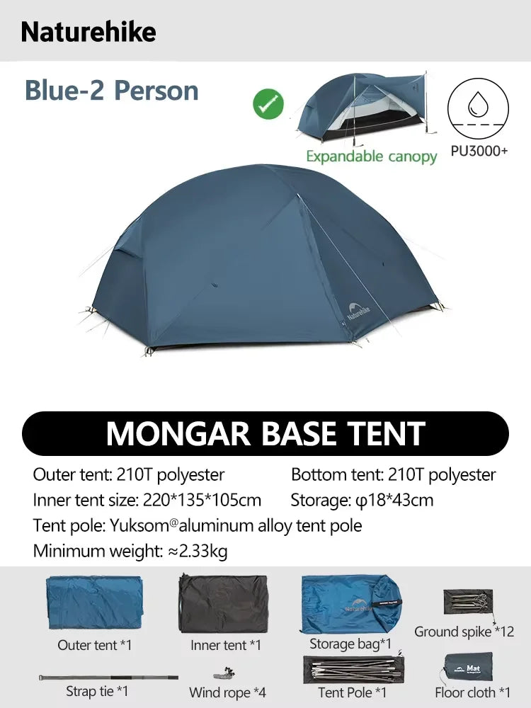 Naturehike Mongar 2 UL/PRO/Base Tent Camping 1-3 Person Tent Outdoor Travel 15D Waterproof Ultralight Backpacking Shelter Tent