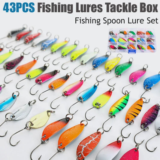 43PCS Professional Multi-Color Sequined Metal Lure Set,with Single Hook Artificial Trout Spinner Lure Fishing Accessories