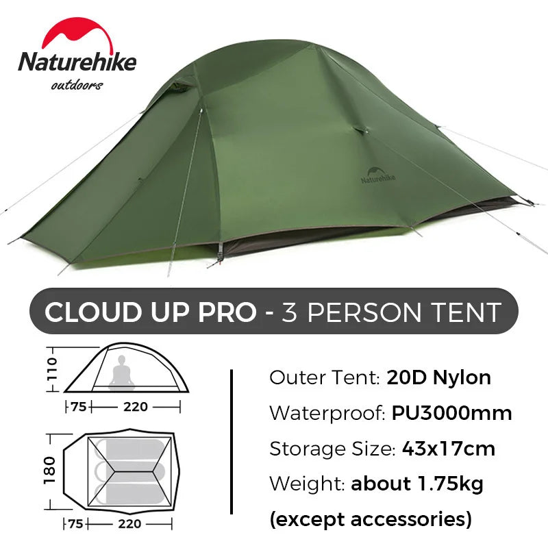 Naturehike Cloud Up Pro 1 2 3 Person Tent Outdoor Camping Tent Ultralight Waterproof Tent Free Standing Hiking Backpacking Tent