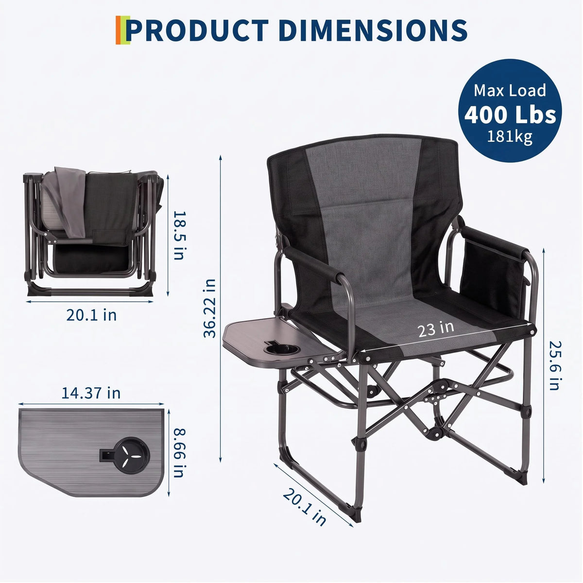 Oversized Camping Directors Chair, Portable Folding Lawn Chairs for Adults Heavy Duty with Side Table, Outdoor Foldable Camp Chair with Pocket ，400 Lbs Capacity Portable Camping Chair with Side Table, Cup Holder & Side Pock