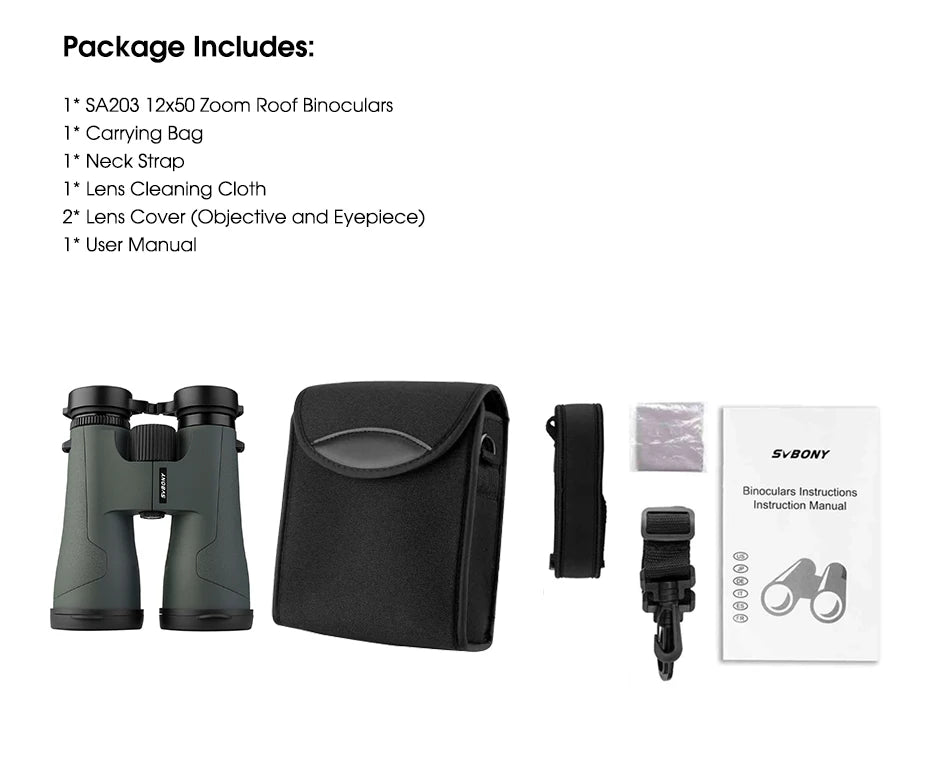 Svbony SA203 12x50 Binoculars  IPX7 PPS FMC Bak4 Portable Neckband Twist‑Up Eyecups for Outdoors Free Binocular Tripod Adapter