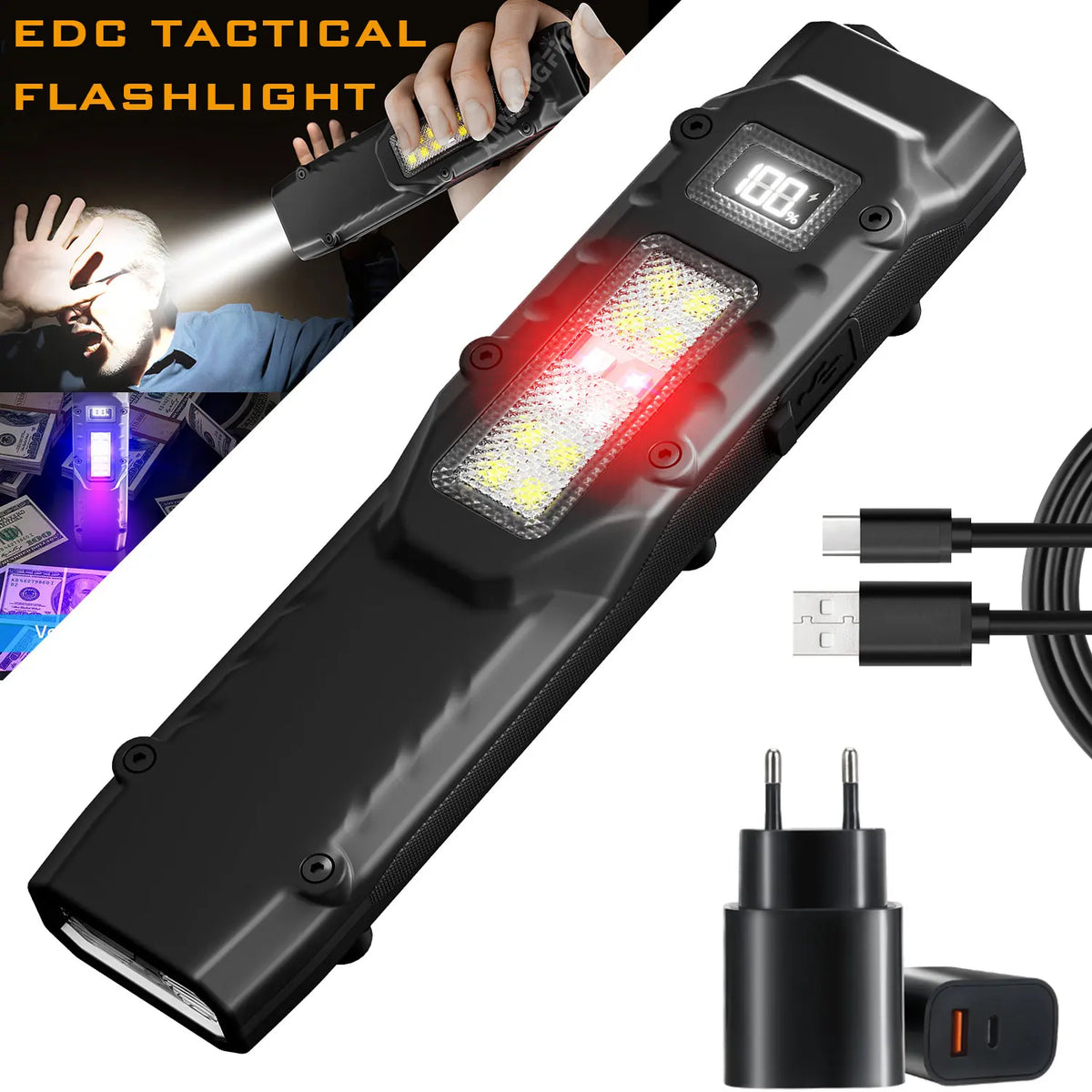 EDC Tactical Flashlight,1500 Lumen Flat Flashlights Rechargeable,Dual-Switches LED UV Flashlight with Digital Display,Stainless