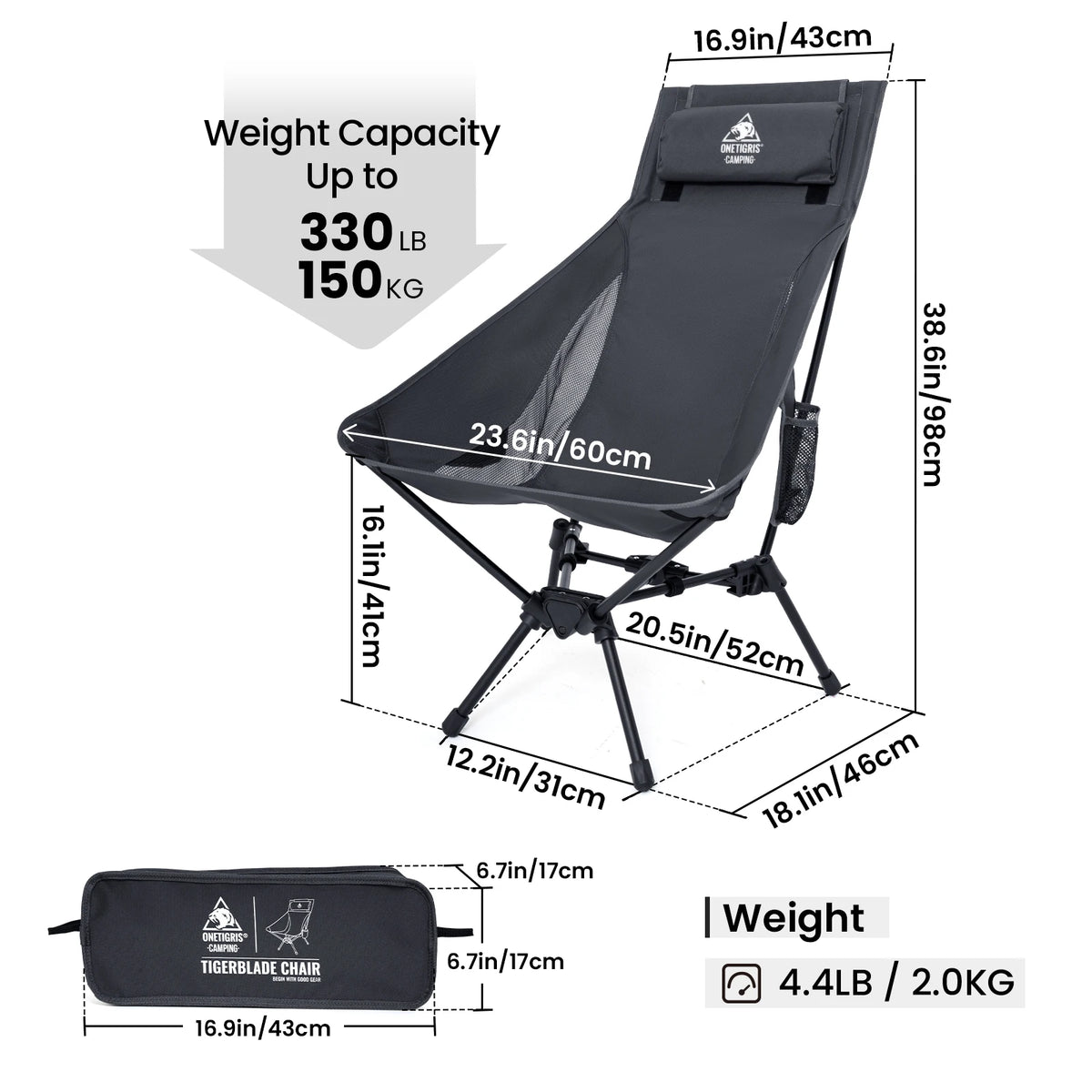 OneTigris Tigerblade Camping Chair High Backrest Relaxing Foldable Chair for Trekking Travel Fishing Beach Garden Longue Chair
