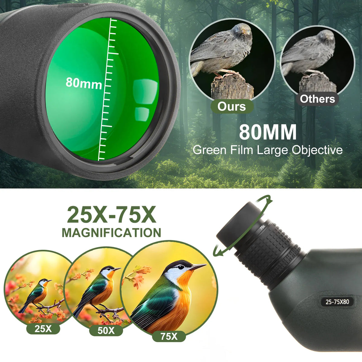25-75x80 Spotter Scope With Tripod Phone Adapter  Waterproof Fogproof Spotting Scope For Bird Watching Target Shooting Wildlife