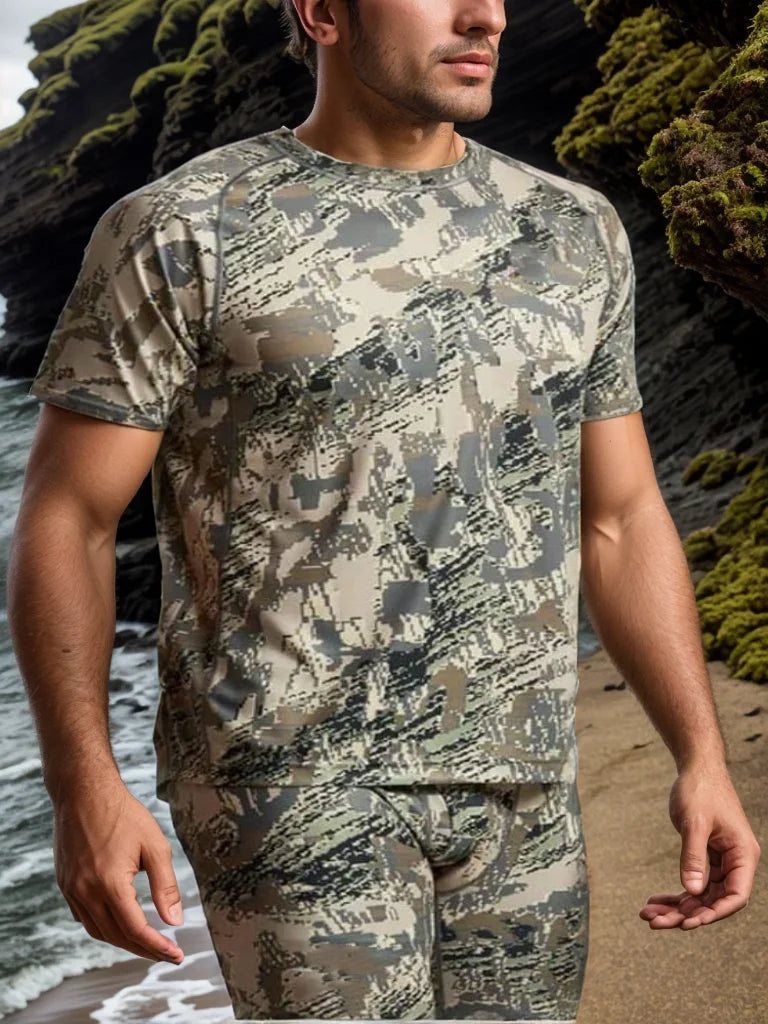 Ainfad Men's Quick-Drying Printed Camouflage T-Shirt Short Sleeve Summer Hunting Wear Outdoor Camo Tee