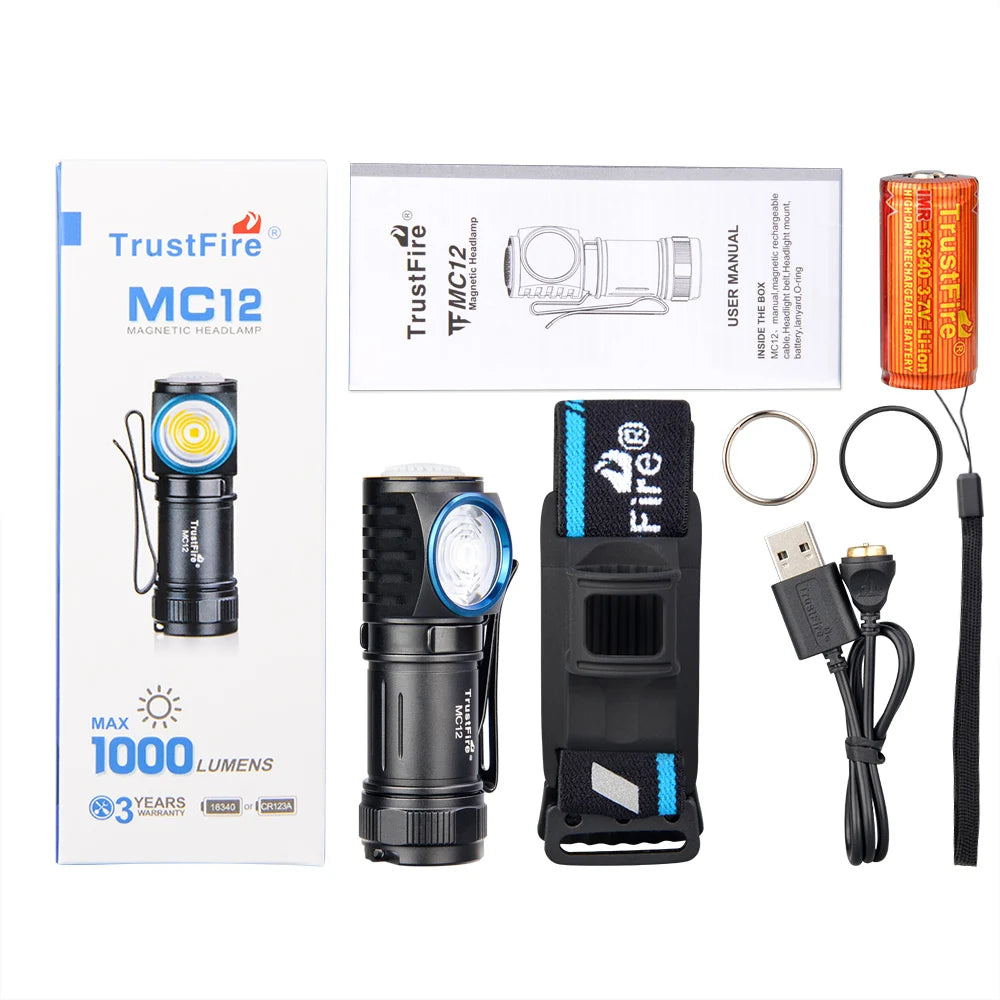 TrustFire MC12 1000 Lumens Rechargeable LED Headlamp IPX8 Waterproof Magnetic Flashlight Headlight with Clip for Camping Running Work