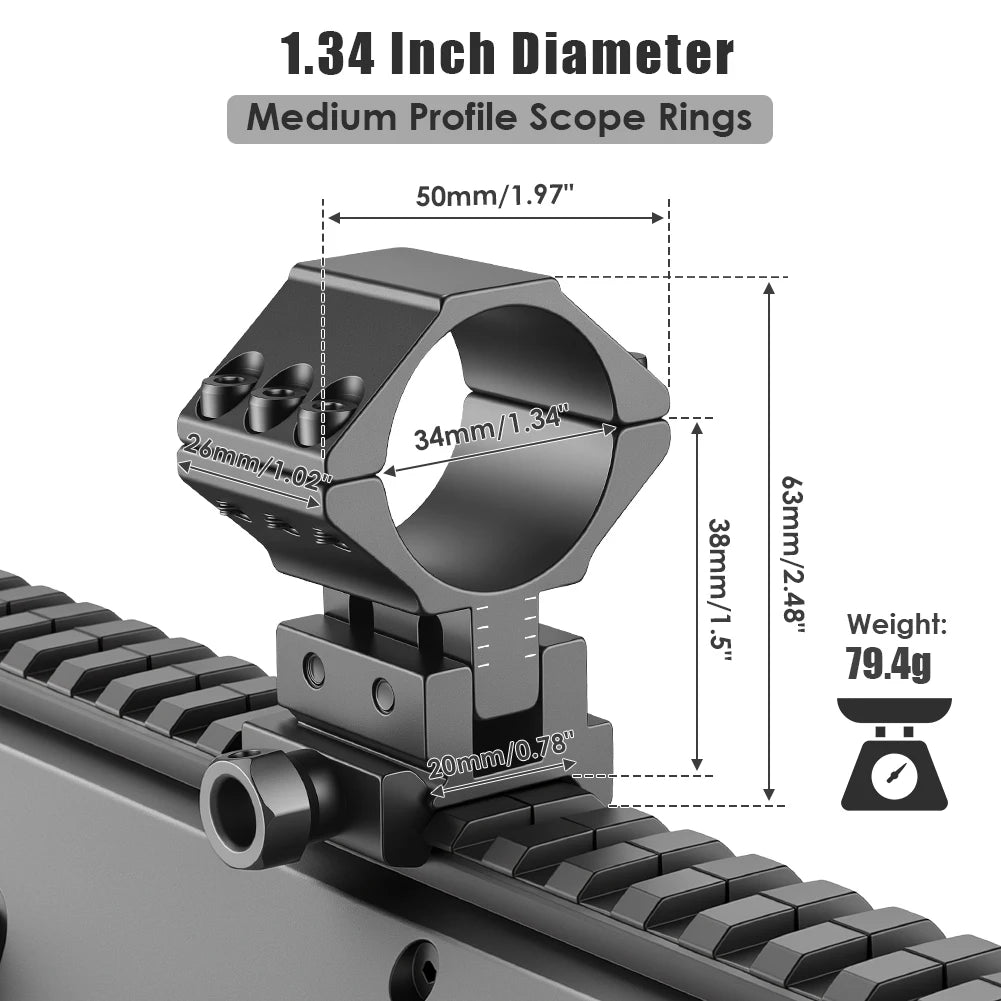 UniqueFire Scope Mount Rings for Dia 34mm Tube for 20mm Dovetail Picatinny Rail Flashlight Mount Adjustable Height and Angle