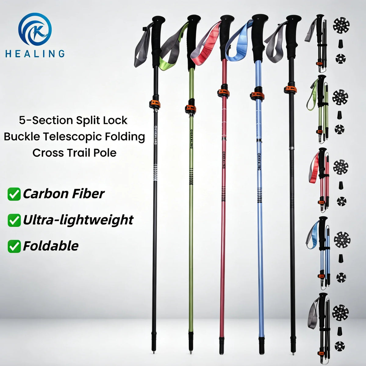 2026 New Carbon Fiber Folding Trekking Poles Ultralight Adjustable Length Quick Lock Walking Sticks for Hiking Camping Travel