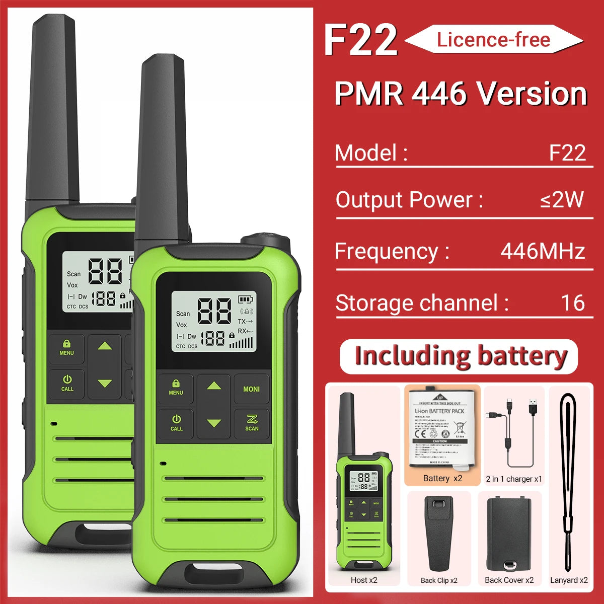 2pcs Baofeng F22/T22 Mini Walkie Talkie PMR Long Range Rechargable Portable Two Way Radio Type-C Charger VOX for Camping Trip