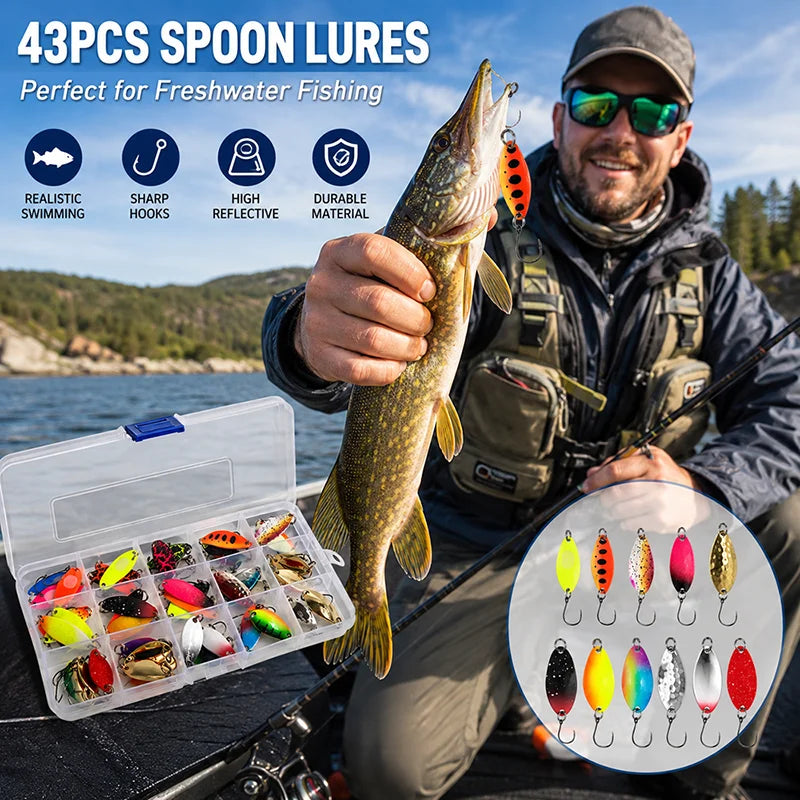 43PCS Professional Multi-Color Sequined Metal Lure Set,with Single Hook Artificial Trout Spinner Lure Fishing Accessories