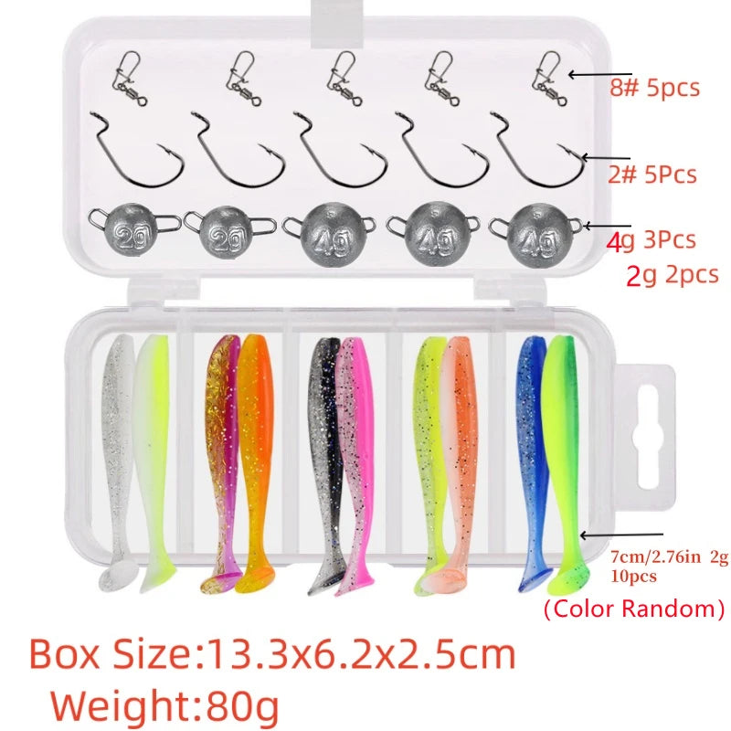 25PCS/Box Soft Fishing Lures Kit Silicone Lure Set Artificial Bait Worm with Crank Hook Fishing Weights Sinkers Soft Lures Set