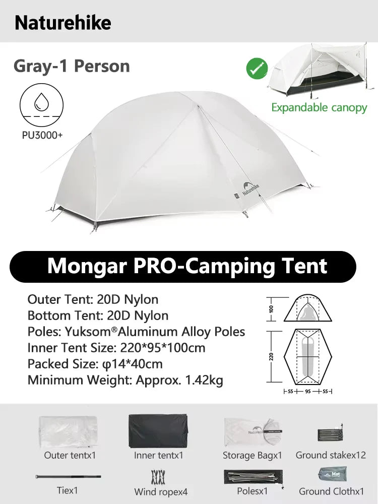 Naturehike Mongar 2 UL/PRO/Base Tent Camping 1-3 Person Tent Outdoor Travel 15D Waterproof Ultralight Backpacking Shelter Tent