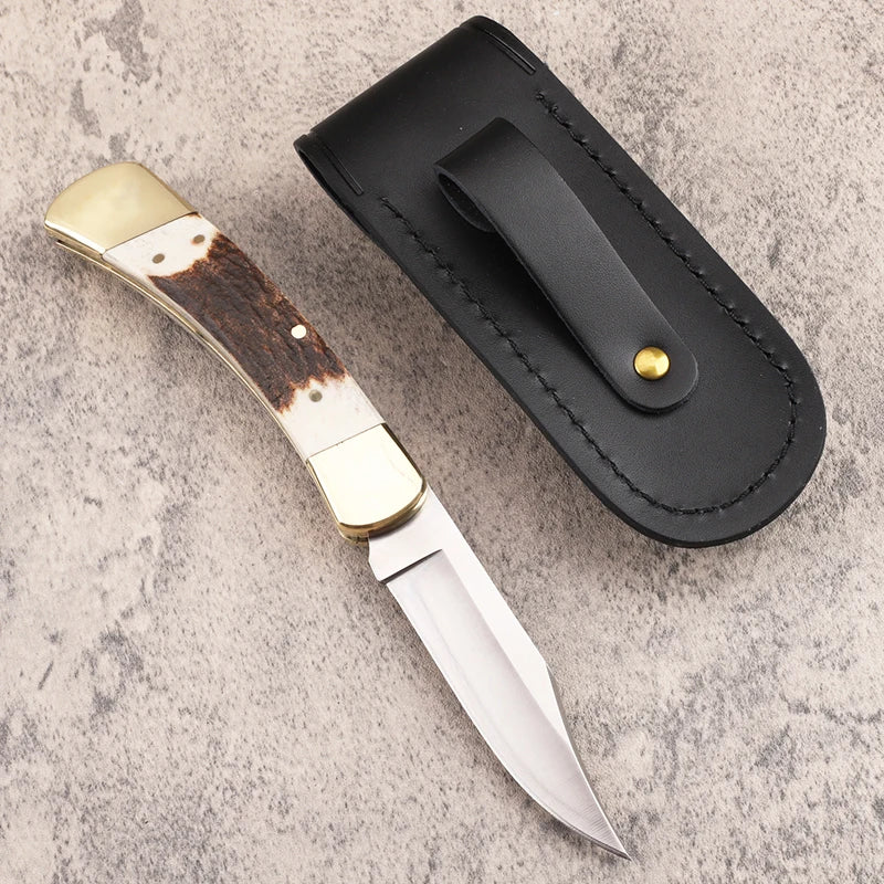 New 440C steel integrated brass sheet and deer horn handle outdoor camping fruit fishing pocket survival EDC cutting tool