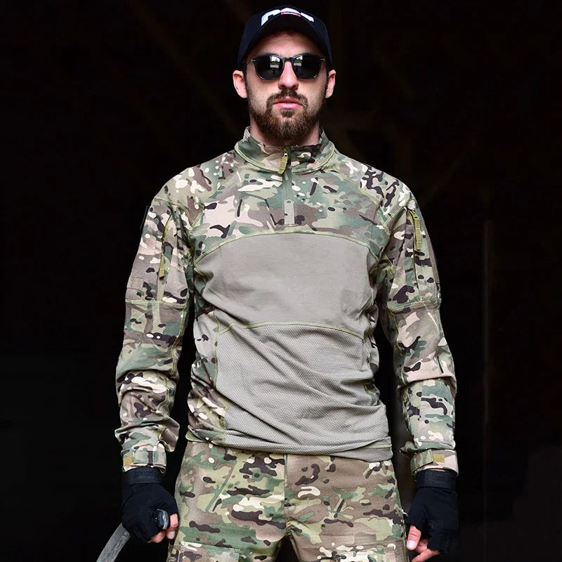 Men's Camouflage Hunting Combat T Shirt Stretch Cotton 1/4 Zipper Uniform Shirts Long Sleeve Camo Shirt