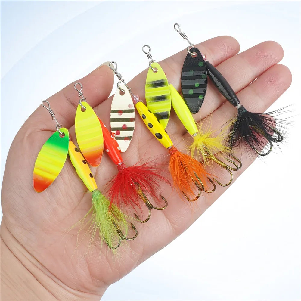 5/10Pcs Spinner bait Fishing Lures Spinnerbaits Spoon Lures  Feather Tail treble hooks Metal Spinner Lure for Bass Trout Salmon