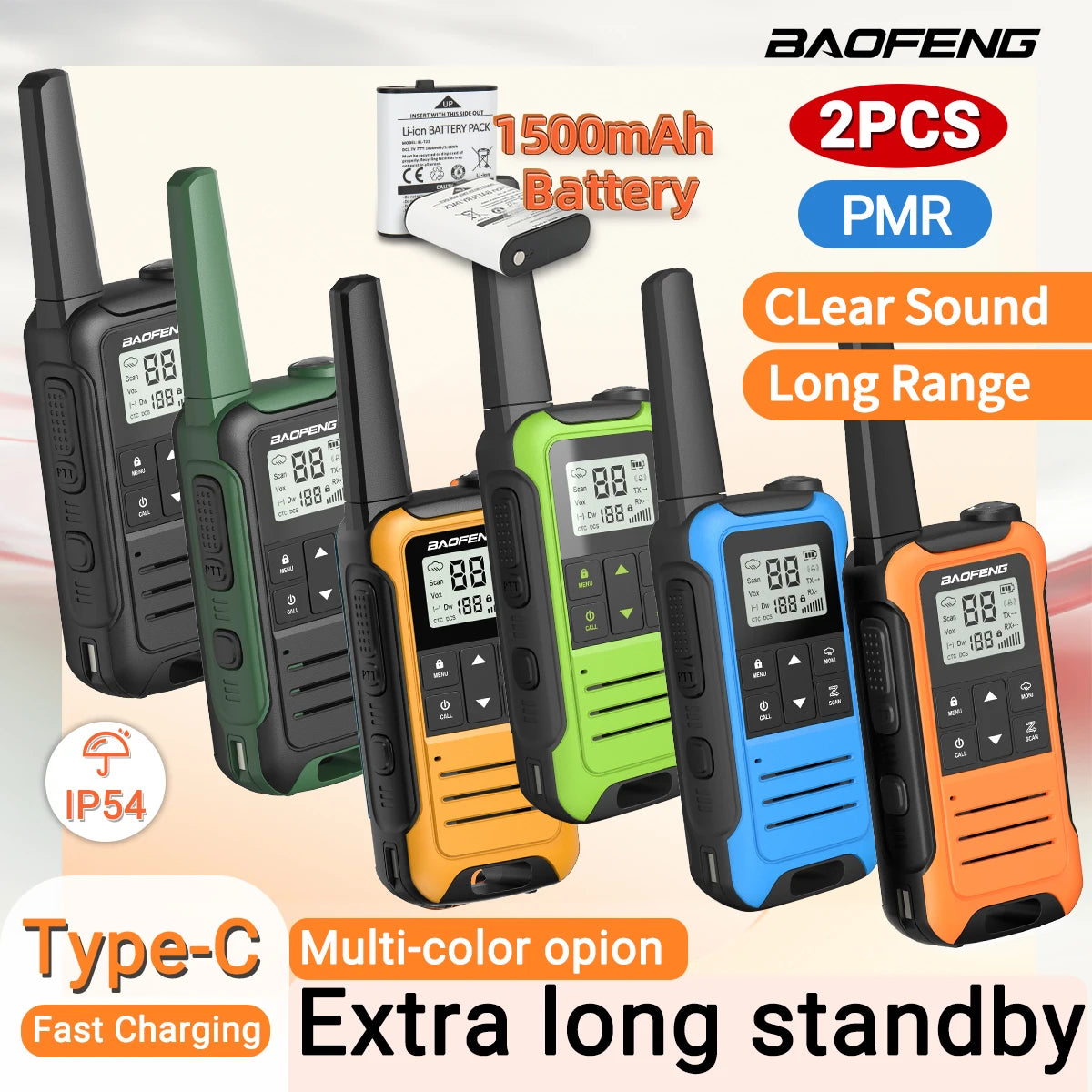 2pcs Baofeng F22/T22 Mini Walkie Talkie PMR Long Range Rechargable Portable Two Way Radio Type-C Charger VOX for Camping Trip