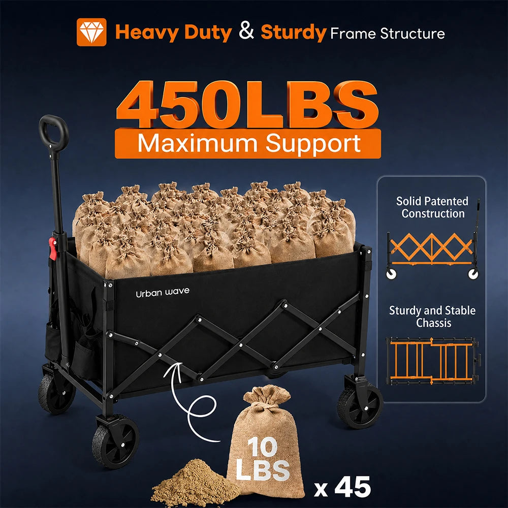 URBANWAVE Lightweight Collapsible Wagon, 450lbsCapacity, Quick-Fold Cart Lightweight foldable wagon cartwith steel frame, tool-free setup and auto-reboundhandle for shopping and camping.