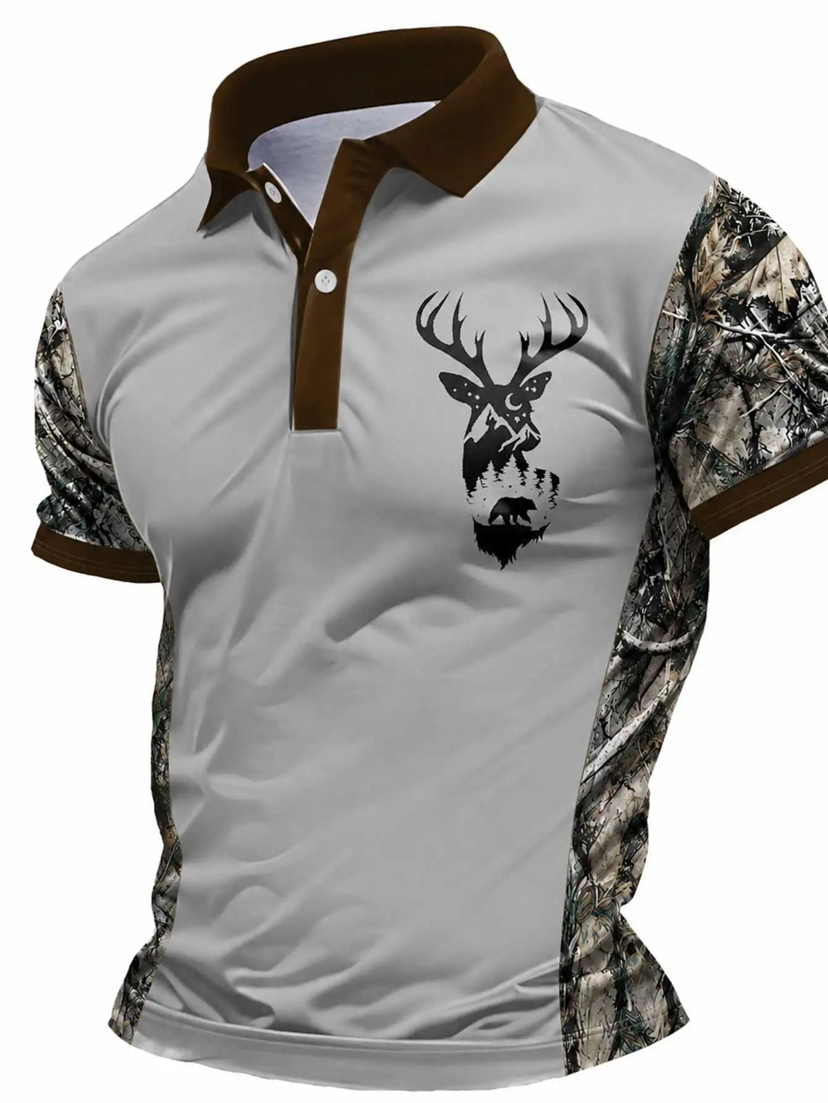 Men's Casual Deer Head Print Short-Sleeved Buttoned Polo Shirt Spring Summer and Autumn Fashionable Polo Shirt Suitable for Goi