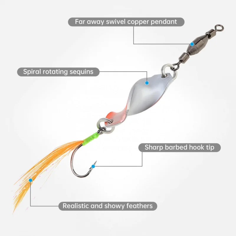 10/5PCS Twisted Metal Fishing Lures Spinner Hard Baits 360 Degree Rotating Spoon Lures Feather Metal Jigs Fishing Accessories