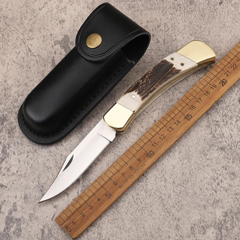 New 440C steel integrated brass sheet and deer horn handle outdoor camping fruit fishing pocket survival EDC cutting tool