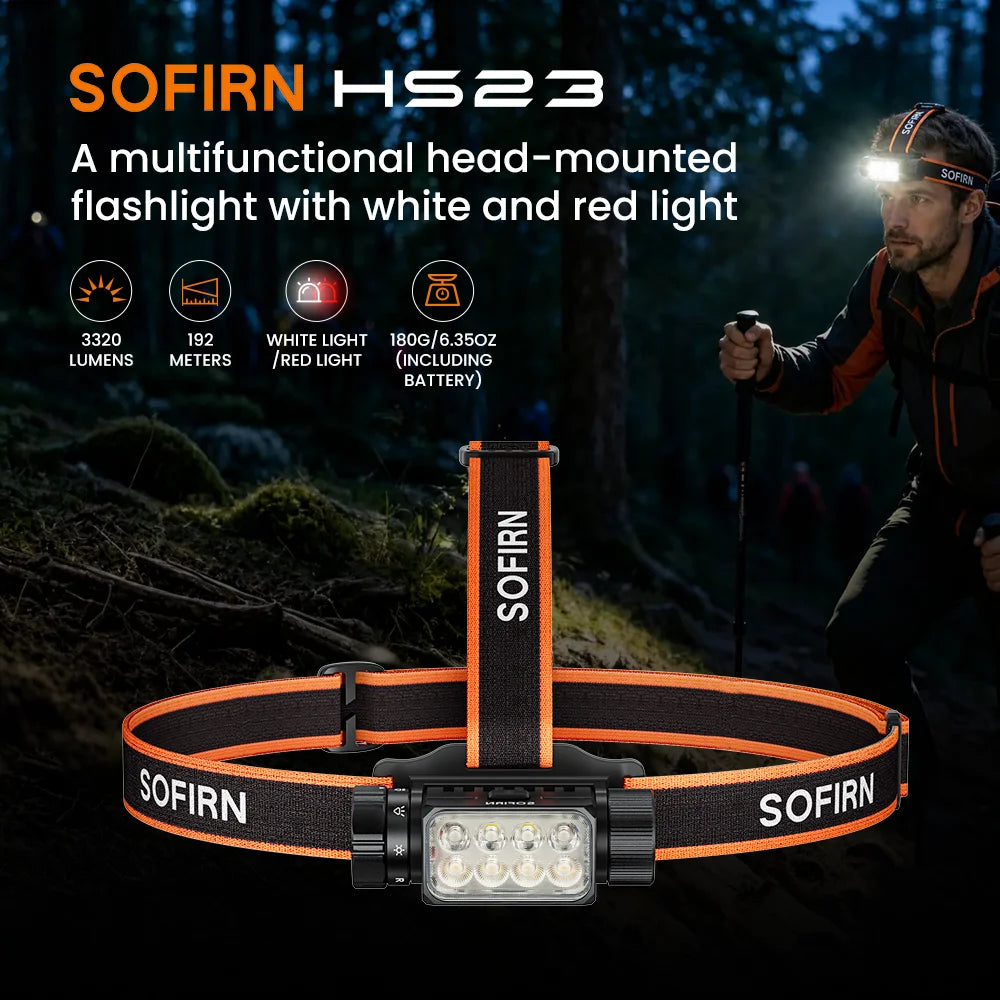 SOFIRN HS23 Headlamp Hight Power LED 21700 Battery 3320LM 4 Light Mode Flashlight Type-C 192M Beam Distance With Red Light