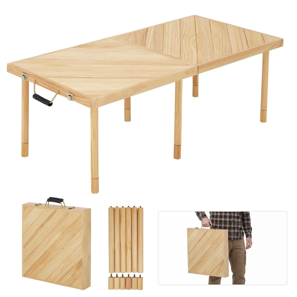44/60in Solid Wood Folding Picnic Table, Adjustable Height Portable Low Table With Carry Handle, Compact Outdoor Camping Beach Table
