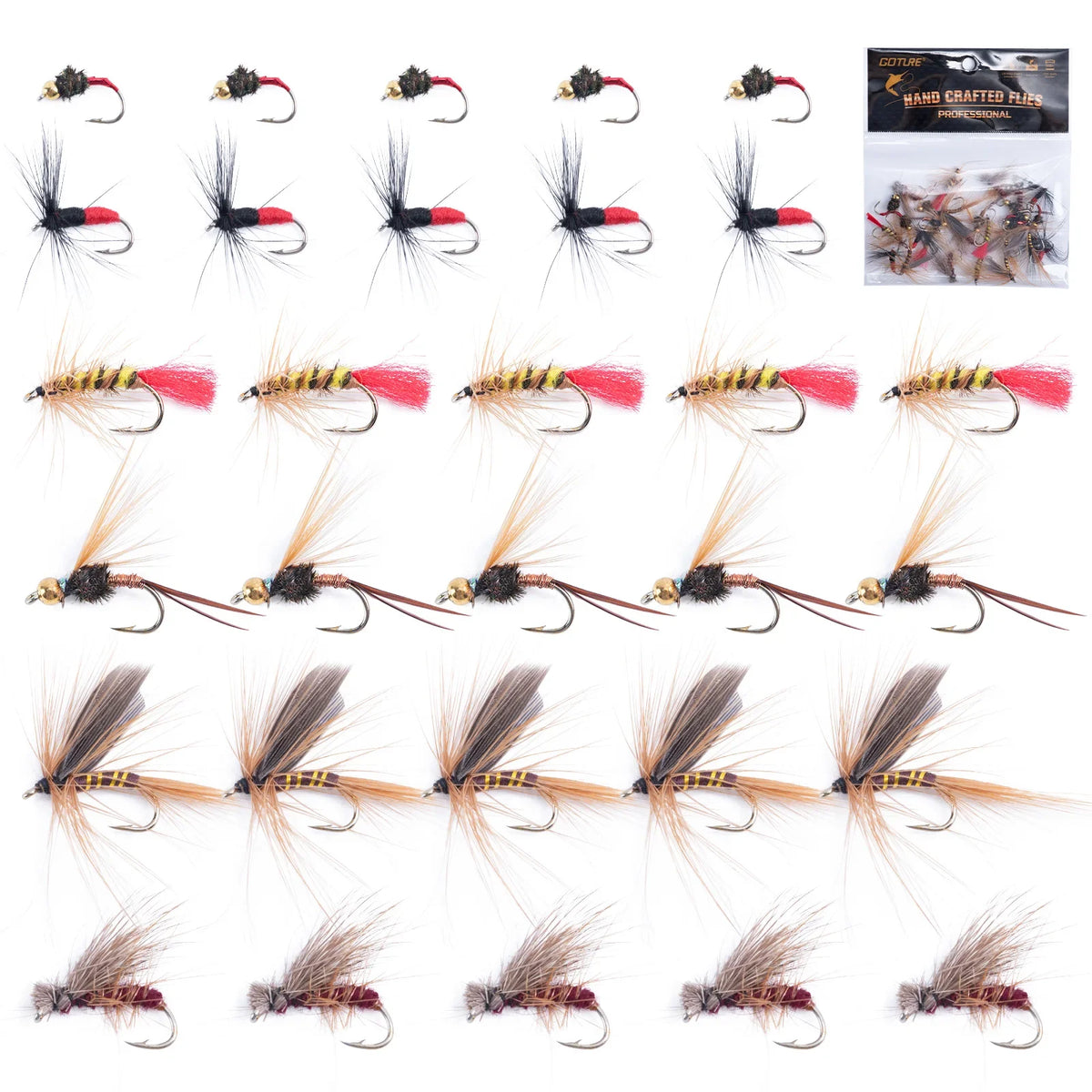 Goture 25-150Pcs/Set Insects Flies Fly Fishing Lures Bait High Carbon Steel Hook Fish Tackle with Hook Decoy Fishing Lure Set