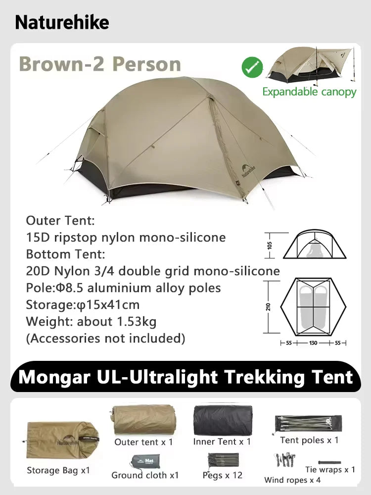Naturehike Mongar 2 UL/PRO/Base Tent Camping 1-3 Person Tent Outdoor Travel 15D Waterproof Ultralight Backpacking Shelter Tent