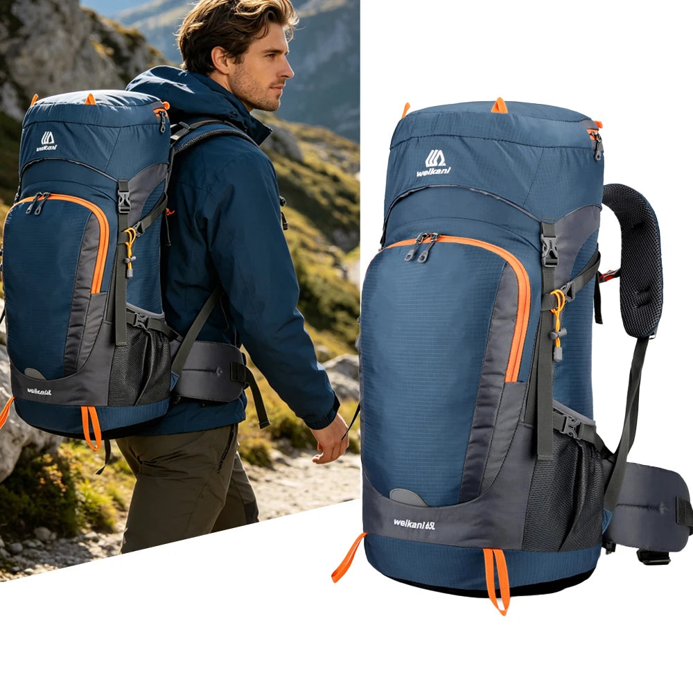 65L Waterproof Hiking Backpack with Free Rain Cover Large Capacity Outdoor Travel Daypack For Camping Climbing Mountaineering