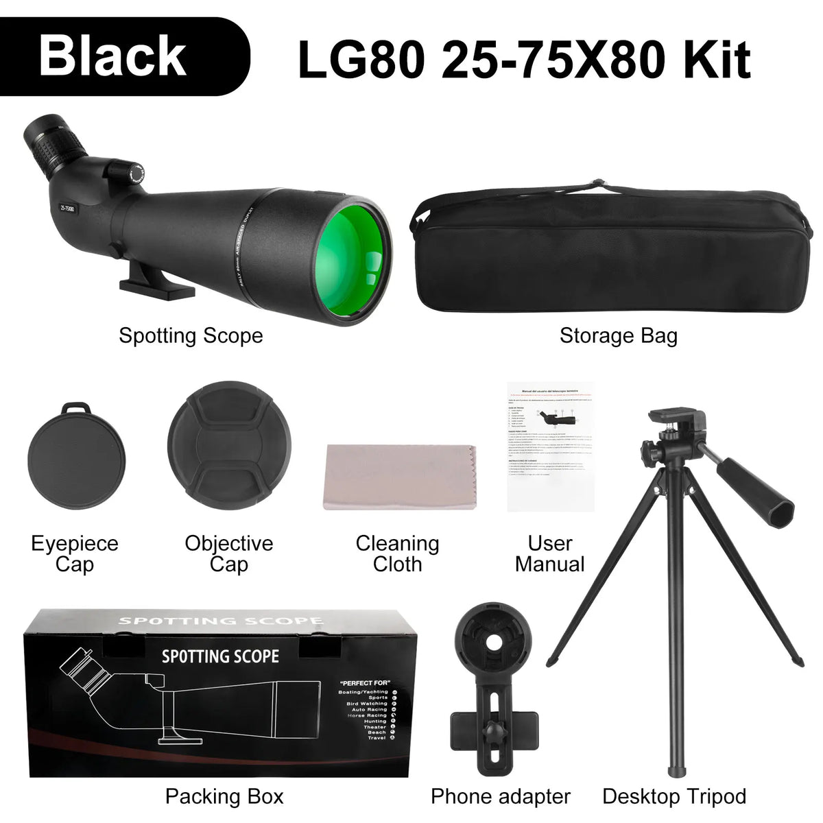 25-75x80 Spotter Scope With Tripod Phone Adapter  Waterproof Fogproof Spotting Scope For Bird Watching Target Shooting Wildlife