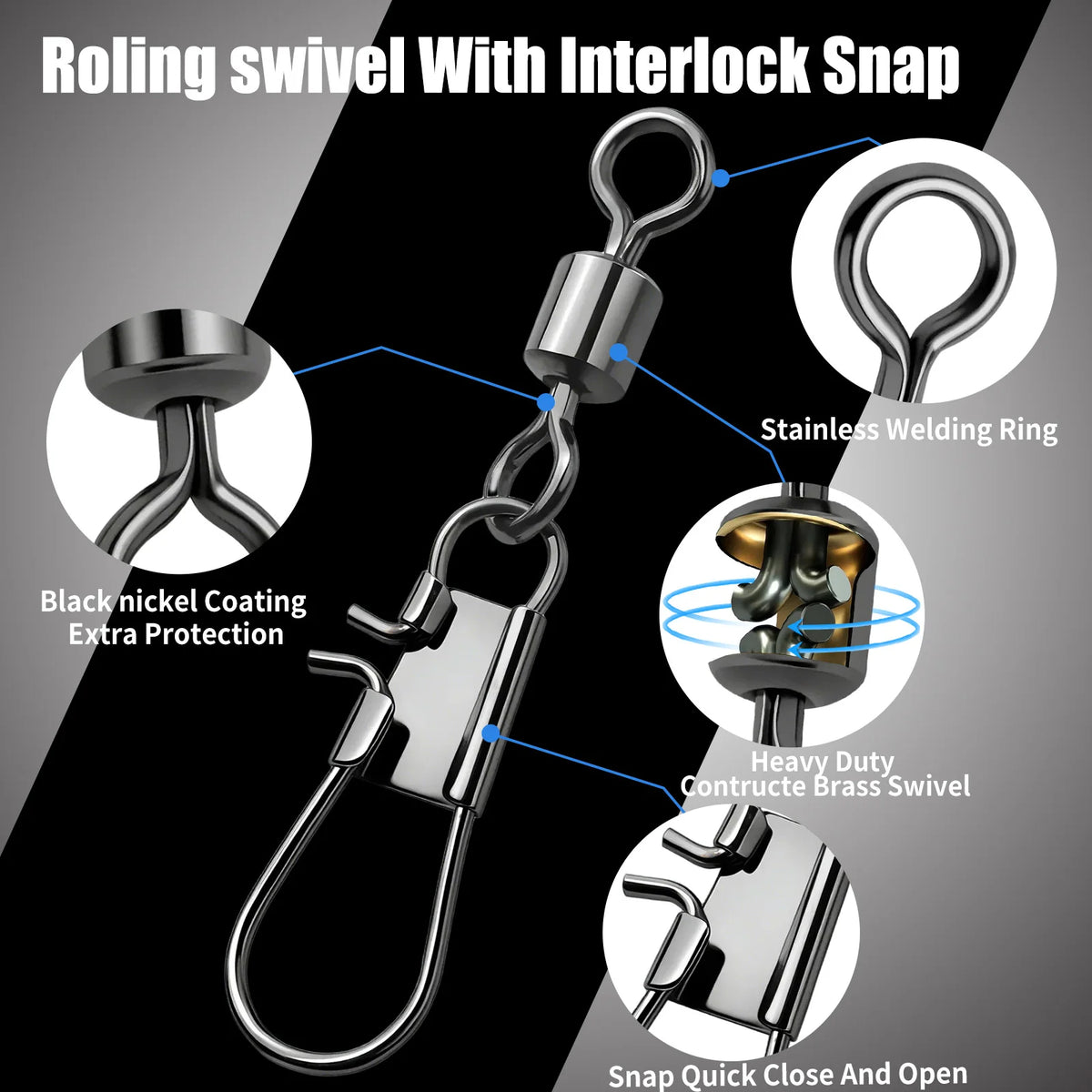 FishTrip Fishing Swivel Snap Interlock Snap with Rolling Swivel 50 100Pack Stainless Steel Cross Lock Snap Sea Fishing Connector