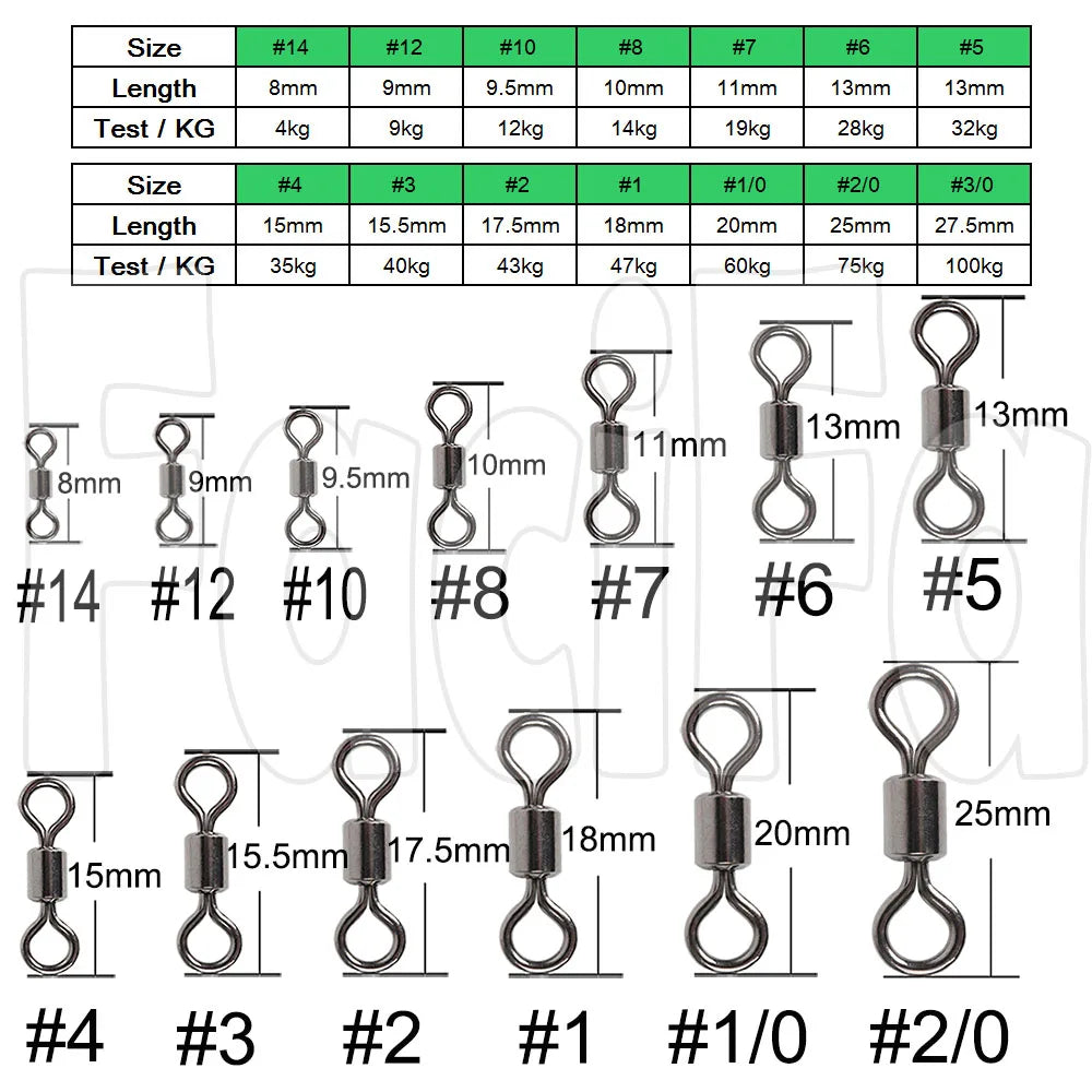 1000 pcs Stainless Steel Bearing Swivel Fishing Connector Solid Ring Sizes Rolling Swivel Fishing Accessories