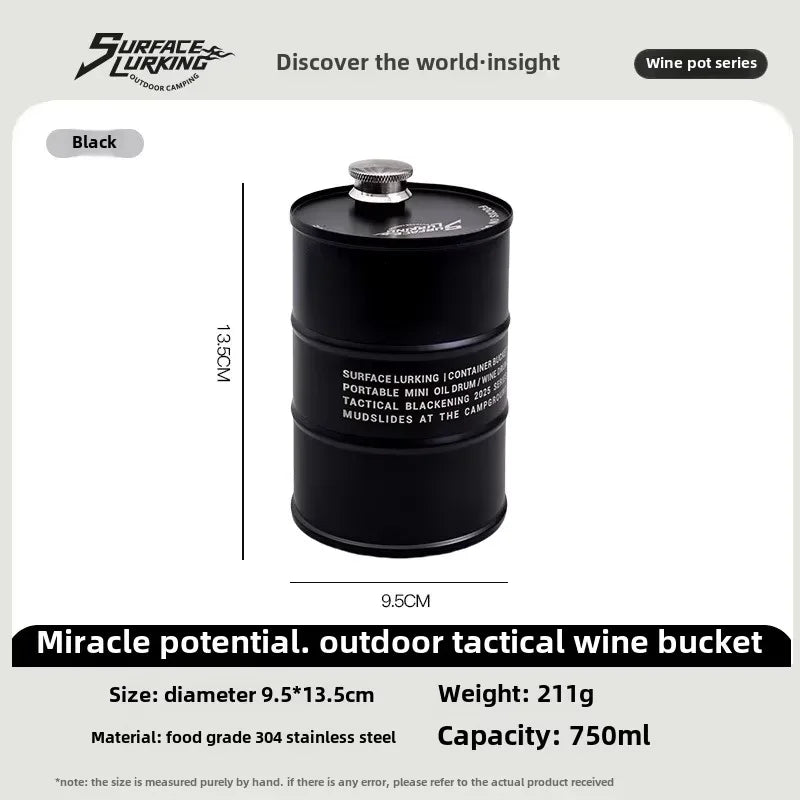 GO PEAK Outdoor Wine Beverage Bucket Bottle 304 Stainless Steel 750ML Portable Cylindrical Pot Camping Fuel Wine Pot Fuel Barrel