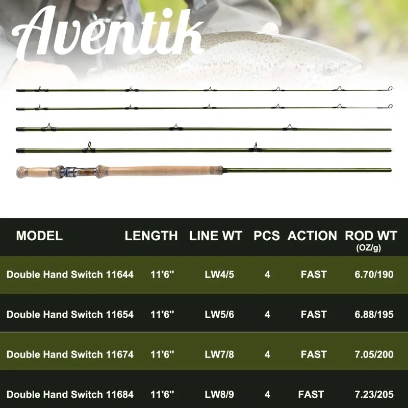 Aventik 11'6'' 4sec Double Hand Switch Rods Fly Rods with Extra Tip Fly fishing Rod Super Light Fly Fishing Rod Fast Action