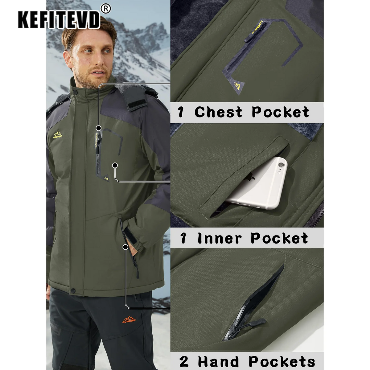 KEFITEVD Winter Ski Jacket Men's Warm Fleece Lined Jackets Water Resistant Heavyweight Coats Outdoor Hiking Camping Windbreaker