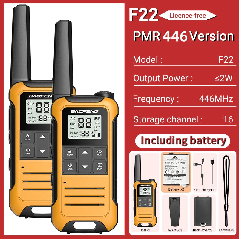 2pcs Baofeng F22/T22 Mini Walkie Talkie PMR Long Range Rechargable Portable Two Way Radio Type-C Charger VOX for Camping Trip