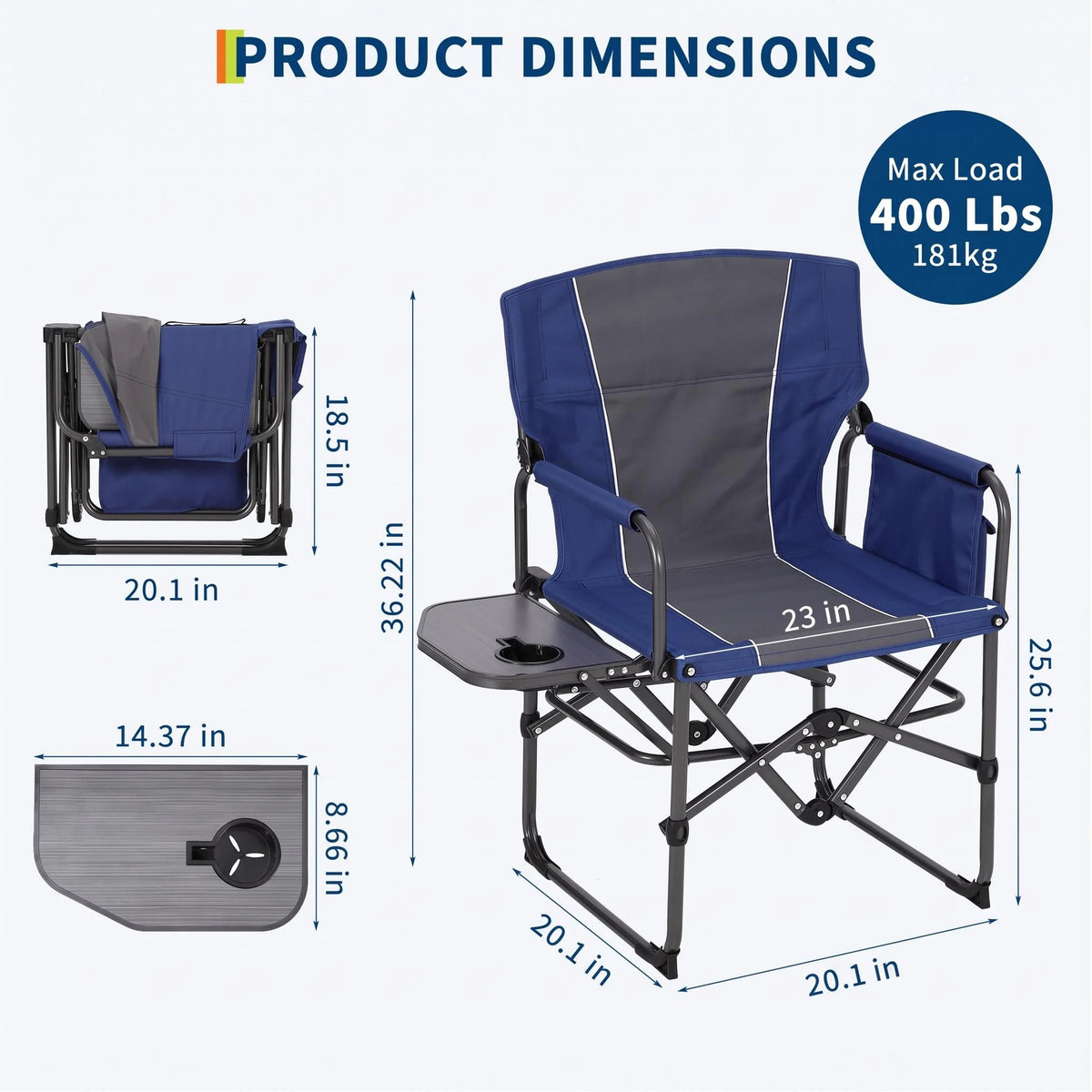 Oversized Camping Directors Chair, Portable Folding Lawn Chairs for Adults Heavy Duty with Side Table, Outdoor Foldable Camp Chair with Pocket ，400 Lbs Capacity Portable Camping Chair with Side Table, Cup Holder & Side Pock