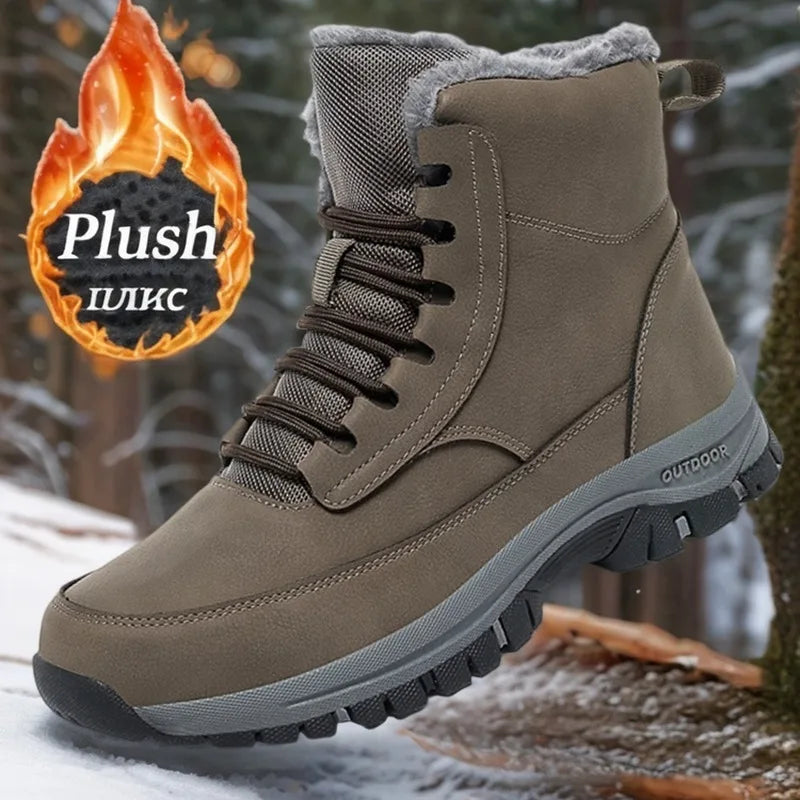 New Men's Hiking Boots Thickened Non-Slip Warm Flat High Top Boots Casual Winter Outdoor Leather Snow Boots Oversized Work Boots